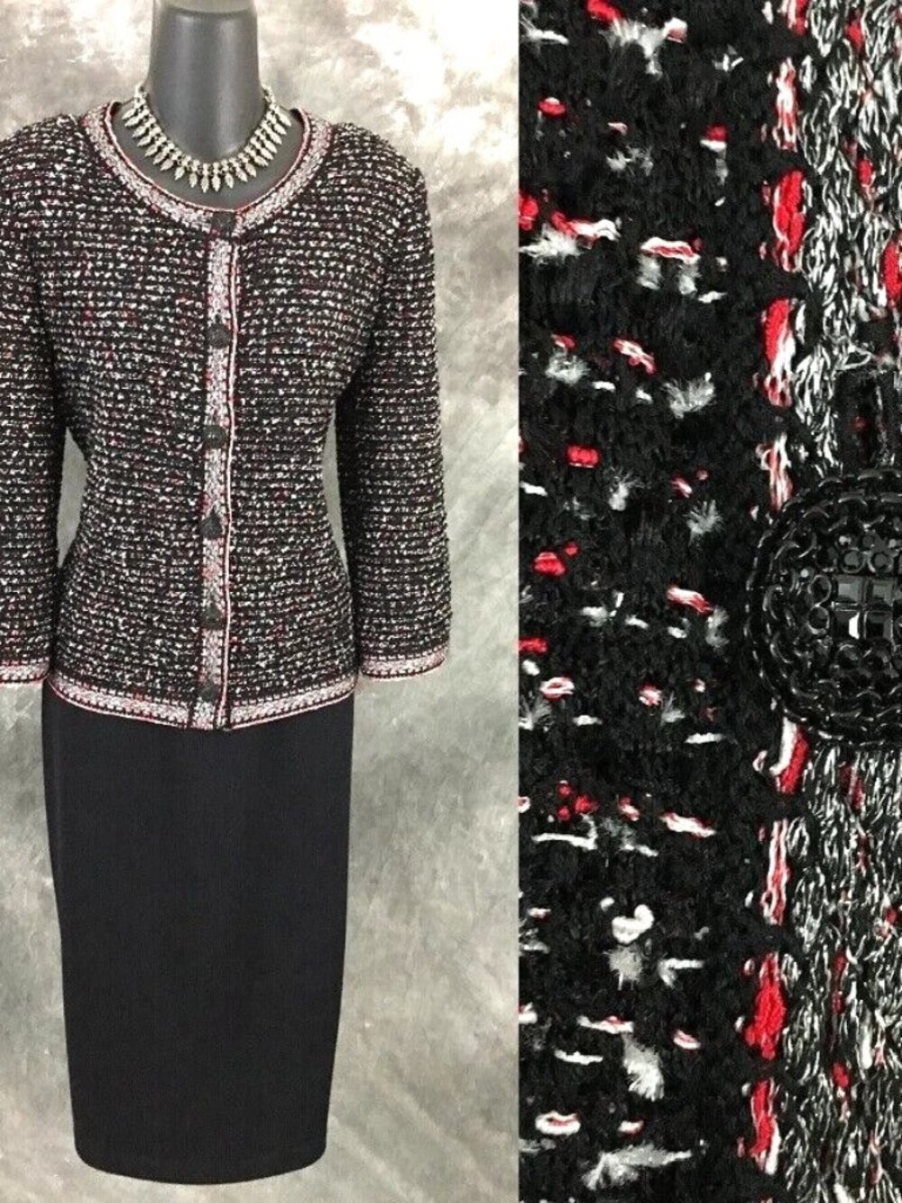 BEAUTIFUL St John black pink red multi rhinestones jacket skirt suit M 6